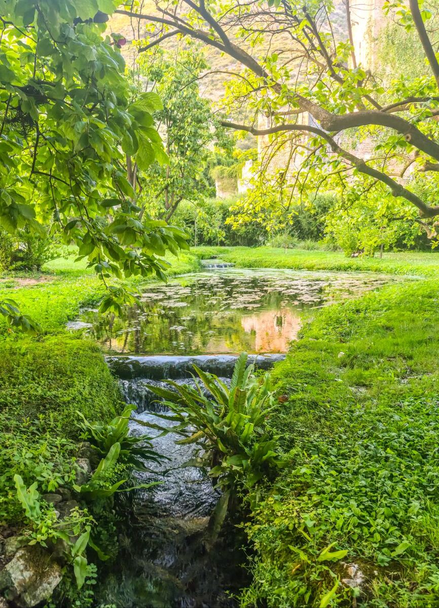 Een weelderige groene omgeving met een kleine stroom die over een lage waterval in een vijver stroomt. De vijver is bedekt met waterplanten en reflecteert de omringende bomen en een lichtgekleurd gebouw op de achtergrond. Er zijn veel bomen en struiken met frisgroene bladeren, en de grond is bedekt met gras en lage begroeiing.