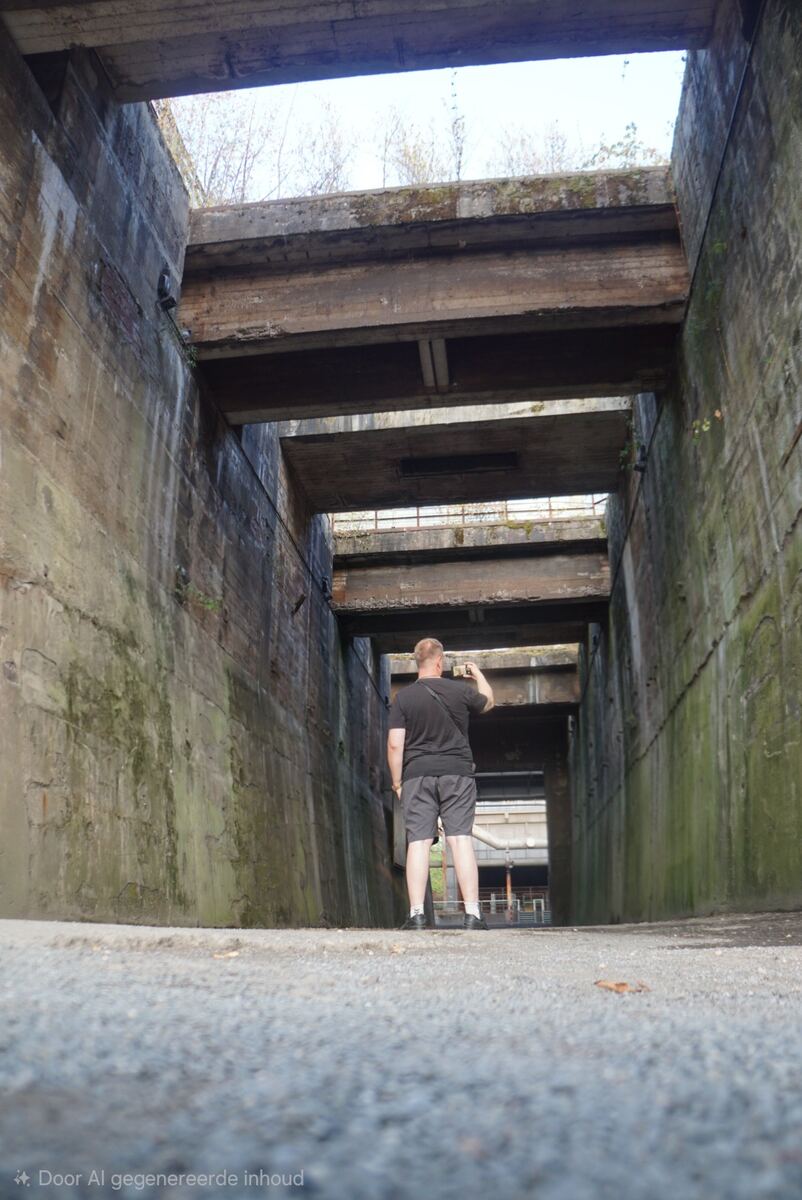 Een man staat met zijn rug naar de camera in een lange, smalle betonnen doorgang. De wanden van de doorgang zijn hoog en vertonen sporen van vocht en mos. Boven de man bevinden zich meerdere betonnen balken en platen die een dak vormen met openingen naar de lucht. Aan het einde van de doorgang is een opening te zien die uitkijkt op verdere industriële structuren. De grond is bedekt met grind. De man draagt een donker T-shirt en een korte broek en houdt een telefoon omhoog, mogelijk om een foto t