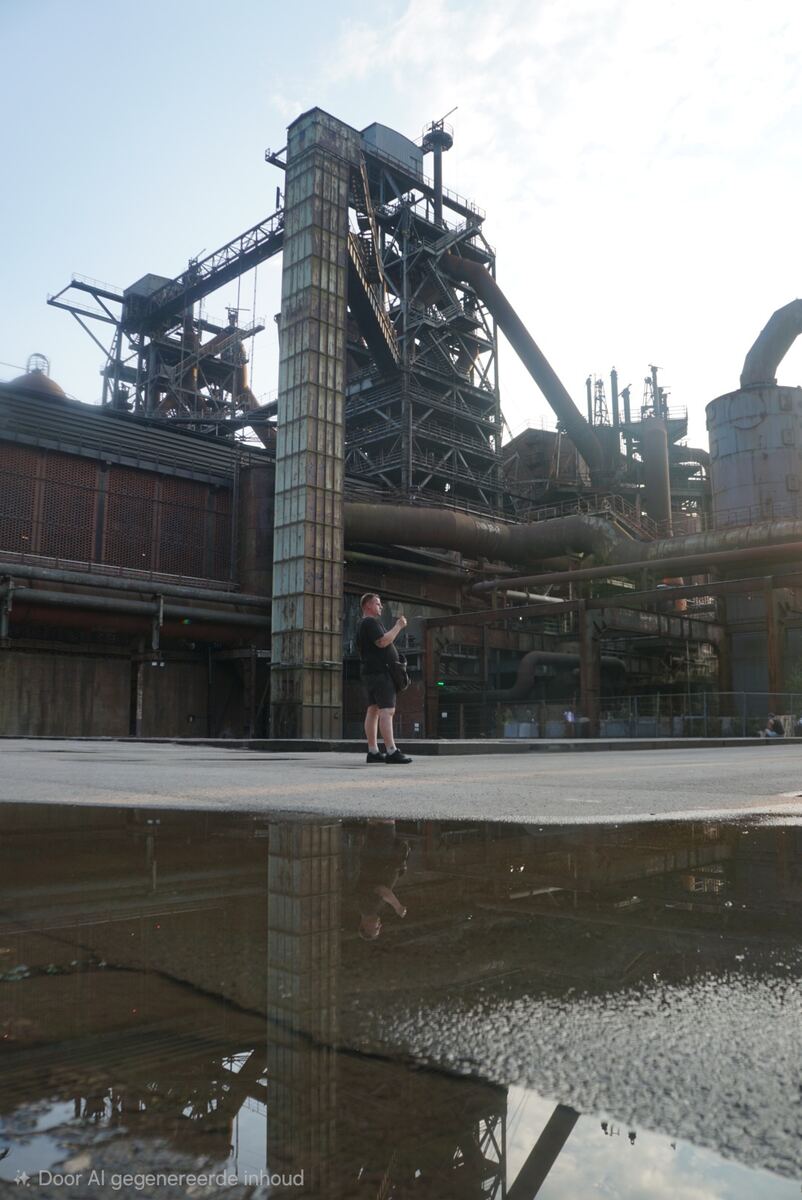 Een man staat op een geplaveid oppervlak en kijkt naar een groot, complex industrieel bouwwerk, waarschijnlijk een voormalige hoogoven. In de voorgrond reflecteert een waterplas de industriële structuren en de man. De lucht is lichtblauw met verspreide wolken. De constructie bestaat uit roestkleurige metalen balken, pijpen en gebouwen.