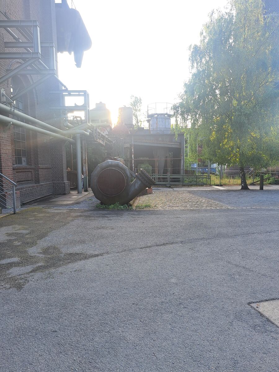 Een buitenruimte met op de voorgrond een geasfalteerd pad en op de achtergrond industriële gebouwen van baksteen en staalconstructies. Een grote, roestige metalen buis of pomp ligt op de grond, omringd door wat groen. De zon staat laag en schijnt fel achter de gebouwen en een boom, wat zorgt voor een sterke tegenlichtsituatie en lensflare.