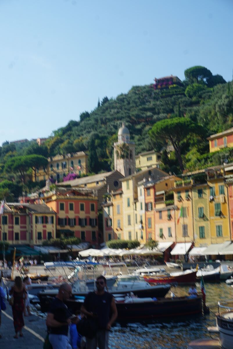 Een verticale foto van de haven van Portofino, waar kleurrijke gebouwen op een groene heuvel liggen. Boten liggen aangemeerd in het water op de voorgrond. Rechtsboven op de heuvel is een klokkentoren zichtbaar. De lucht is helderblauw en er zijn enkele mensen op de kade te zien.
