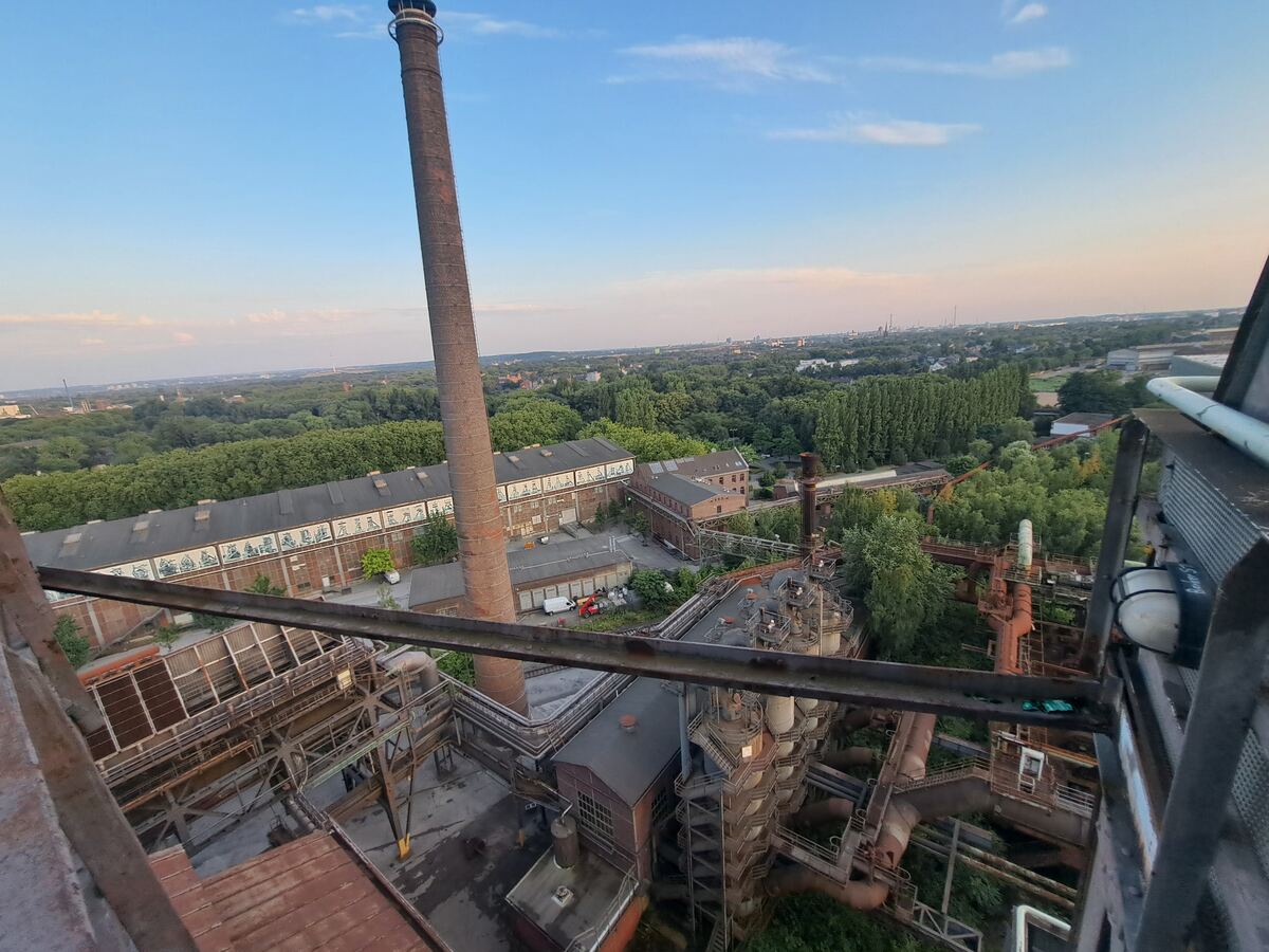 Een hoog perspectief toont een uitgestrekt industrieel landschap bij avondlicht. Een lange, slanke bakstenen schoorsteen staat prominent aan de linkerkant. Er zijn verschillende industriële gebouwen en constructies te zien, deels overwoekerd door groen. Op de daken van enkele gebouwen zijn kunstzinnige afbeeldingen zichtbaar. Op de achtergrond strekt een bosrijk gebied zich uit, met daarachter de contouren van een stad onder een licht bewolkte blauwe lucht met een roze gloed aan de horizon.