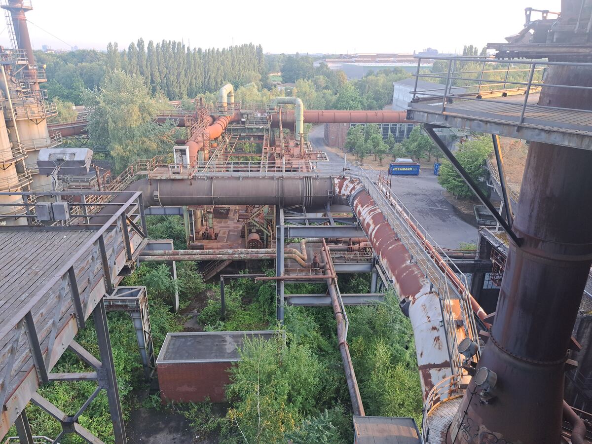 Een bovenaanzicht van een voormalig industrieel complex met veel roestige pijpleidingen, metalen constructies en loopbruggen. Tussen de structuren groeit veel groen en vegetatie. Op de achtergrond zijn bomen en een weg zichtbaar, met een blauwe container met de tekst 'HEERMANN'. De lucht is licht en helder, wat duidt op de late middag of vroege avond.