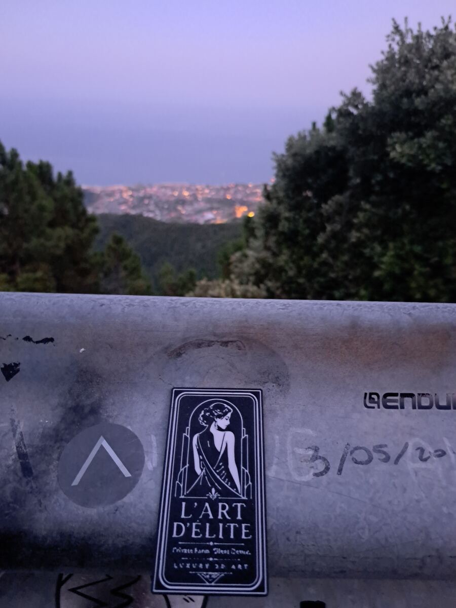 De foto toont een avondlandschap vanaf een verhoogd punt, met op de voorgrond een metalen vangrail. Op de vangrail is een zwart-witte sticker geplakt met de tekst "L'ART D'ÉLITE" en een art-deco-achtige afbeelding van een vrouw. Daarnaast is een grijze ronde sticker met een wit opwaarts wijzend pijl-achtig symbool zichtbaar, en vaag wat graffiti of markeringen. Achter de vangrail zijn donkere boomtoppen te zien. Op de achtergrond strekken de onscherpe lichtjes van een stad zich uit onder een paa