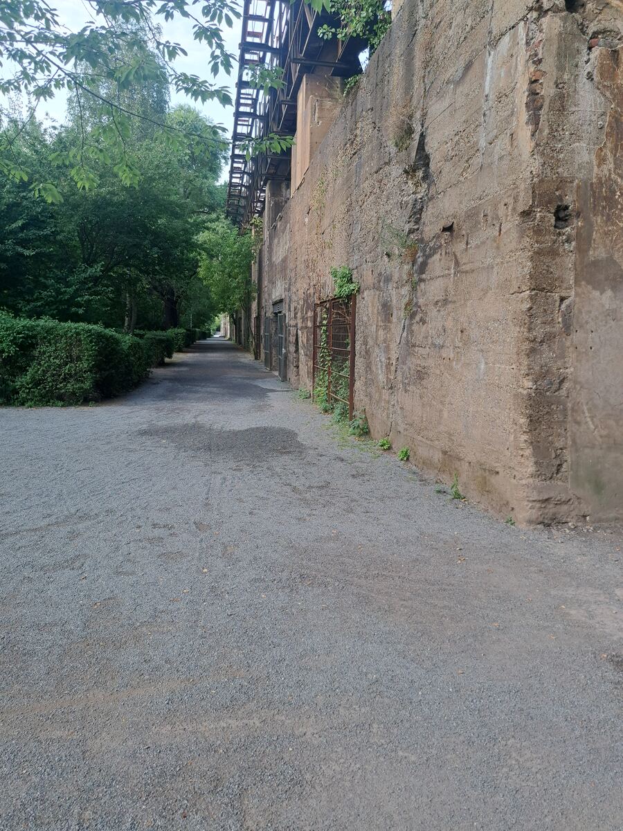 Een lange, rechte grindweg loopt tussen een rij groene struiken en bomen aan de linkerkant en een hoge, verweerde betonnen muur aan de rechterkant. De muur heeft meerdere donkere openingen en roestige metalen hekken, en is begroeid met wat wilde planten. Boven de muur zijn industriële constructies zichtbaar, deels verscholen achter boombladeren. De weg loopt ver de diepte in onder een bewolkte lucht.